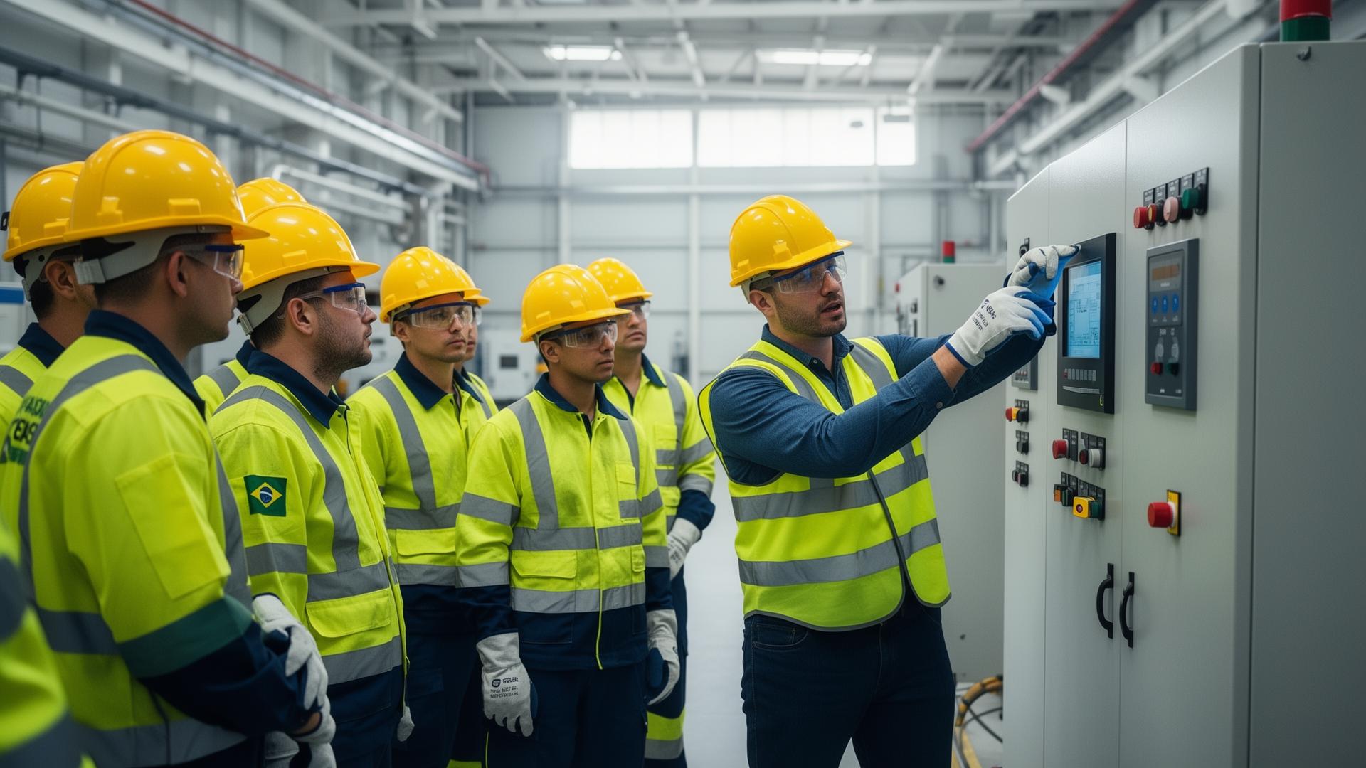 Equipe industrial em treinamento de segurança do trabalho com EPI completo